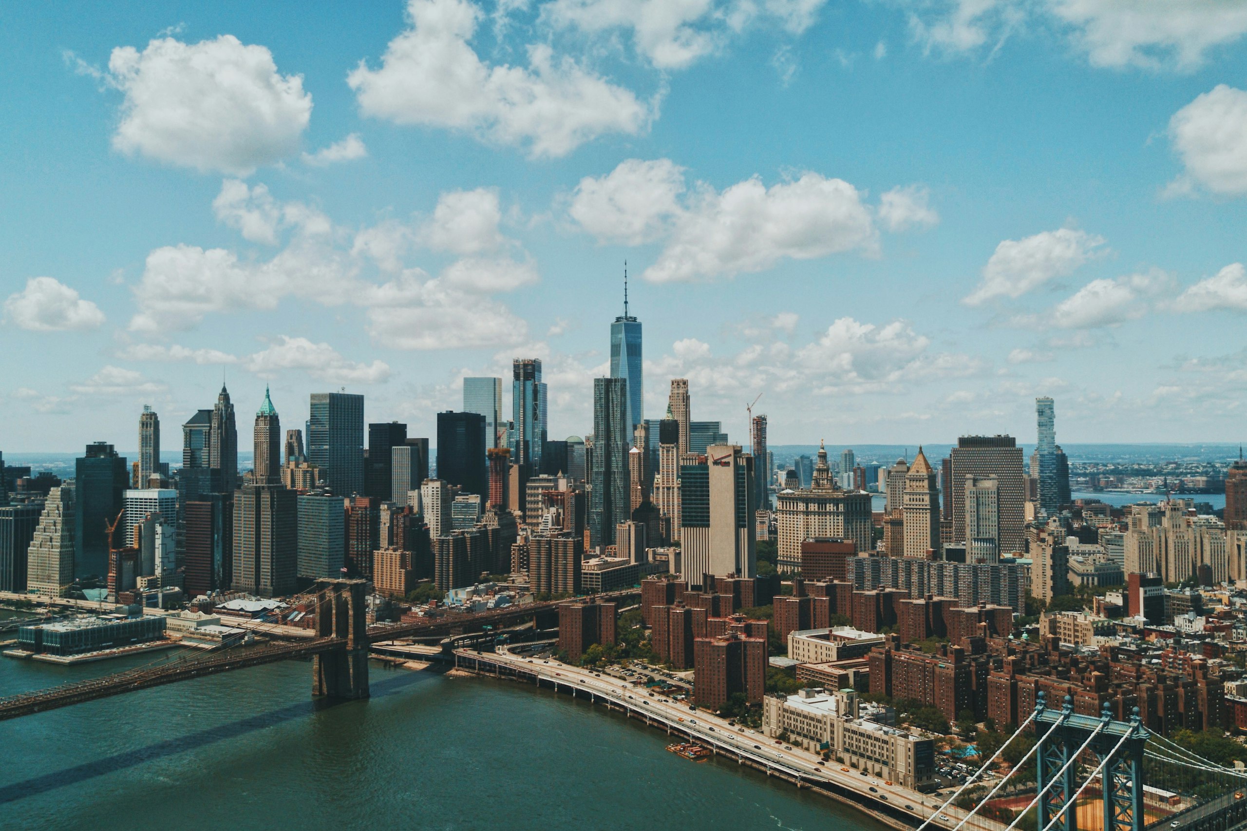 Aerial view of Lower Manhattan and the Brooklyn Bridge